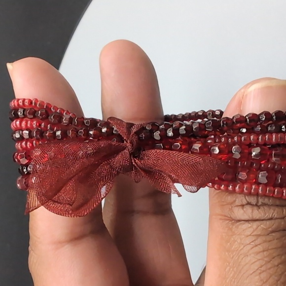 Red Beaded Multi Strand Stretch Bracelet With Red Ribbon Bow - Picture 8 of 9